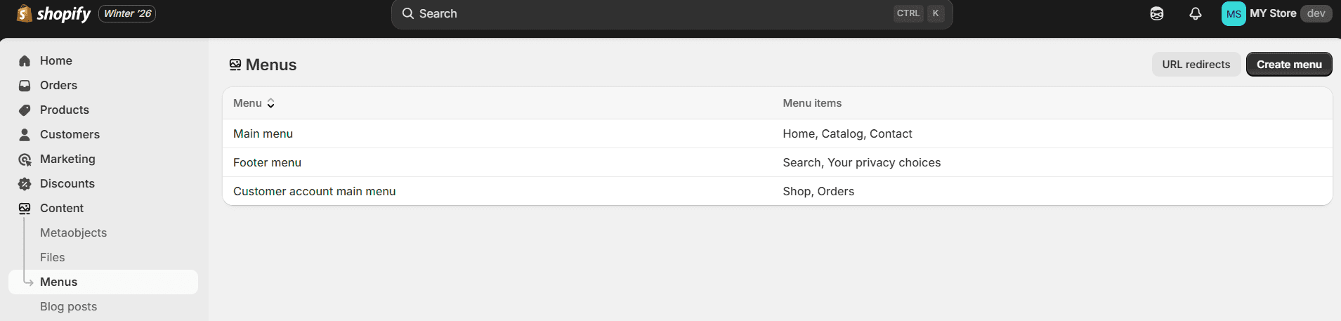 Shopify Admin Content → Menus Interface